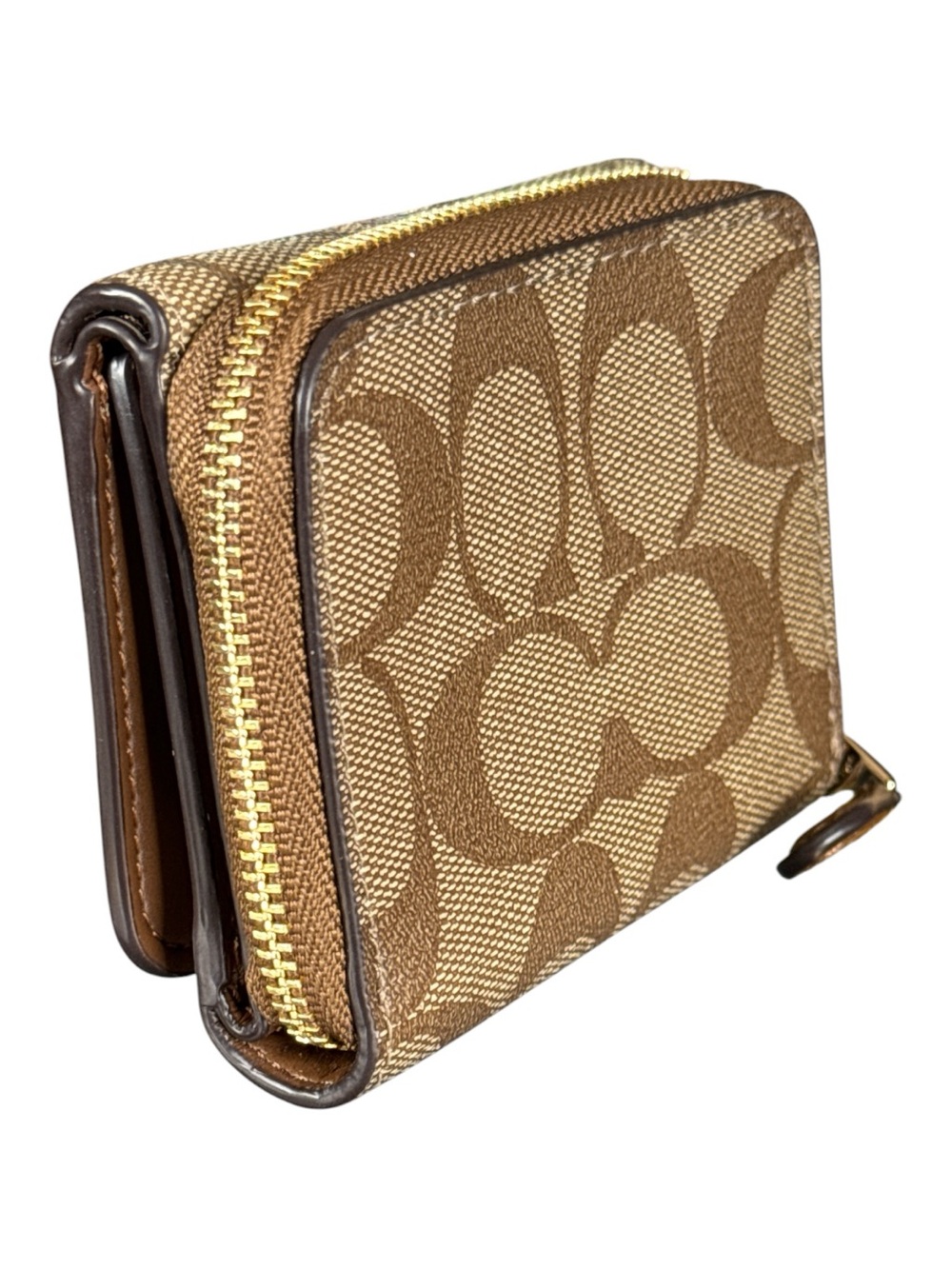 COACH Small Tri-Fold Wallet in Khaki and Gold Signature Coated Canvas - Picture 3 of 10